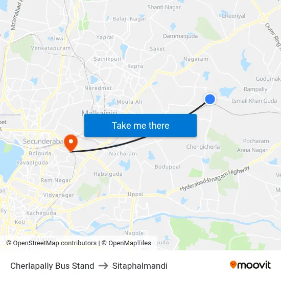 Cherlapally Bus Stand to Sitaphalmandi map