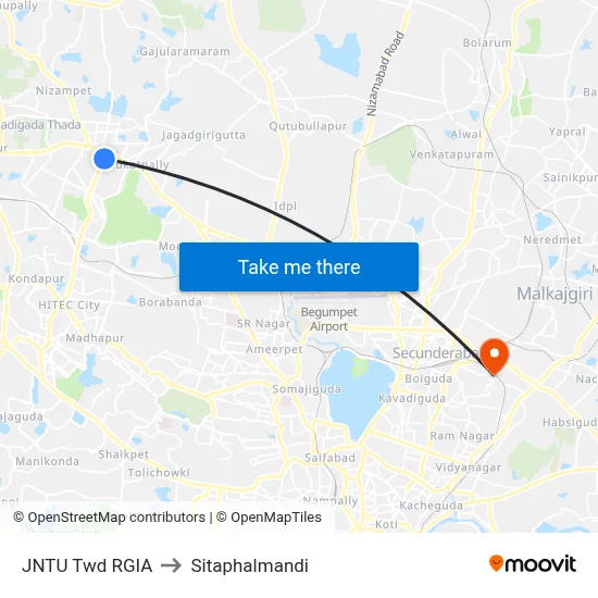 JNTU Twd RGIA to Sitaphalmandi map