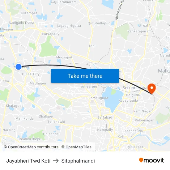 Jayabheri Twd Koti to Sitaphalmandi map