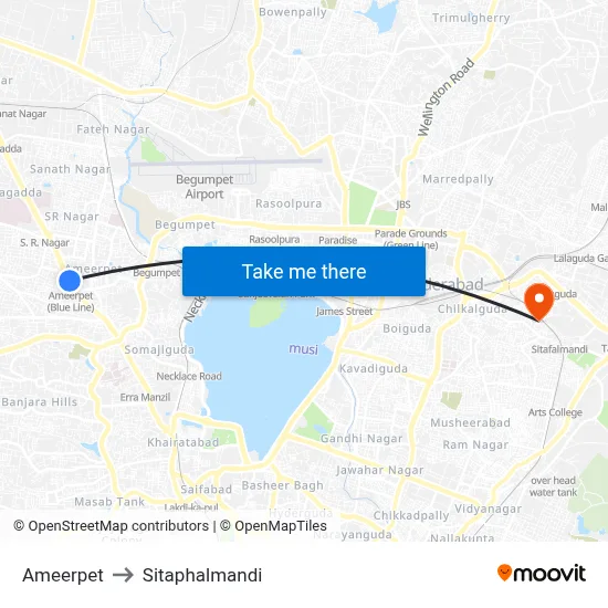Ameerpet to Sitaphalmandi map