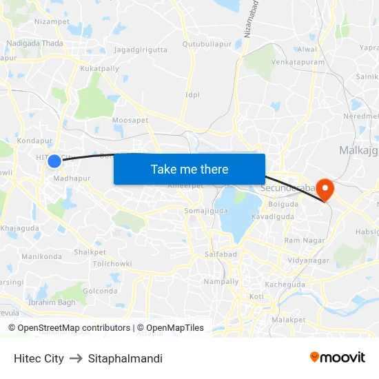 Hitec City to Sitaphalmandi map