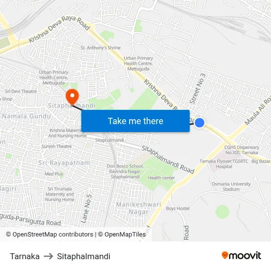 Tarnaka to Sitaphalmandi map