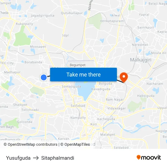 Yusufguda to Sitaphalmandi map