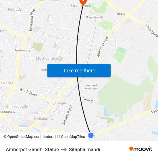 Amberpet Gandhi Statue to Sitaphalmandi map