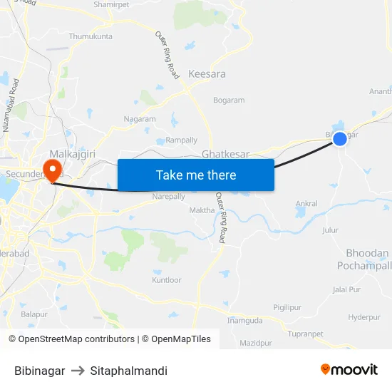 Bibinagar to Sitaphalmandi map