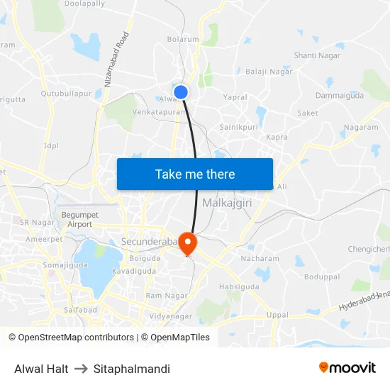 Alwal Halt to Sitaphalmandi map