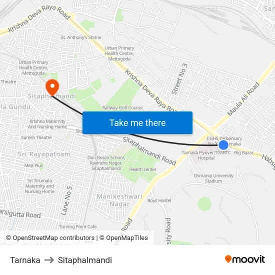 Tarnaka to Sitaphalmandi map