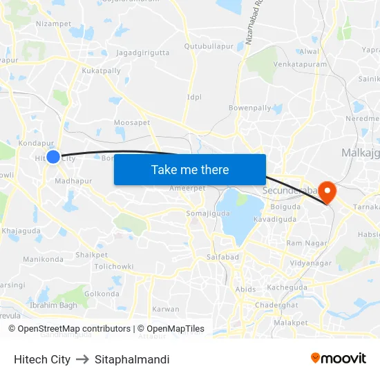 Hitech City to Sitaphalmandi map