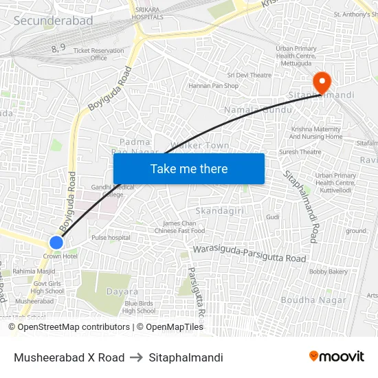 Musheerabad X Road to Sitaphalmandi map