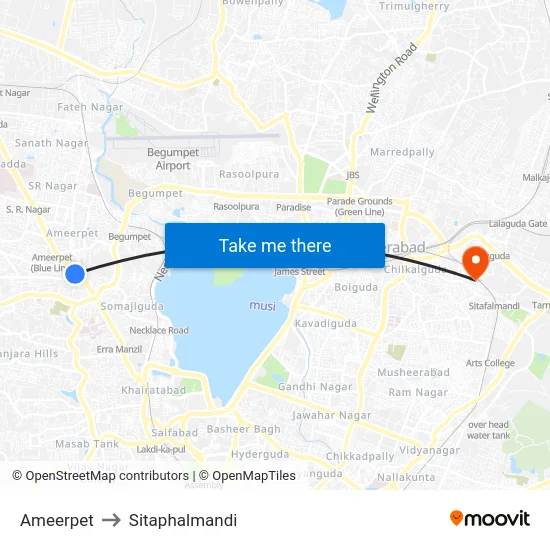 Ameerpet to Sitaphalmandi map