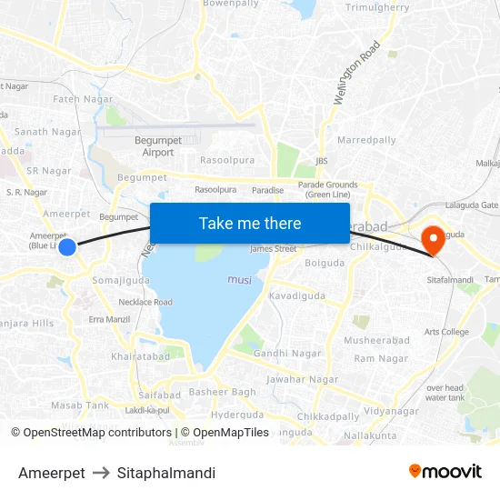 Ameerpet to Sitaphalmandi map