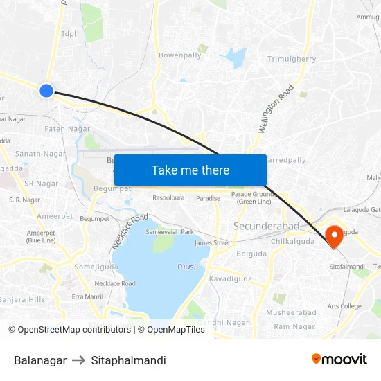 Balanagar to Sitaphalmandi map
