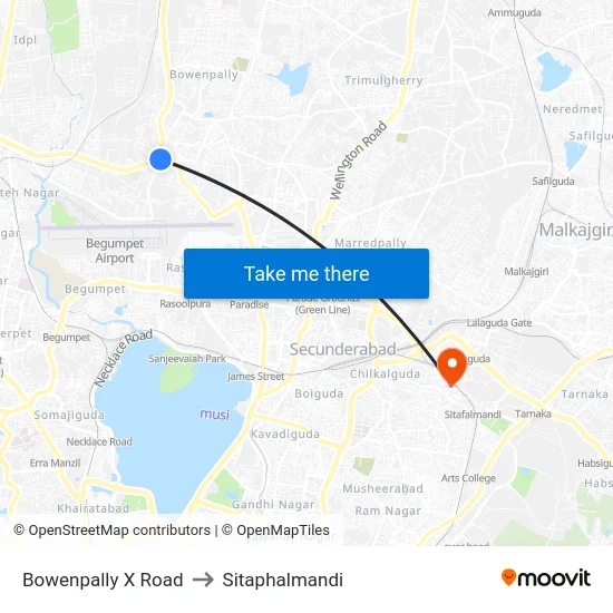 Bowenpally X Road to Sitaphalmandi map