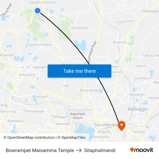 Bowrampet Maisamma Temple to Sitaphalmandi map