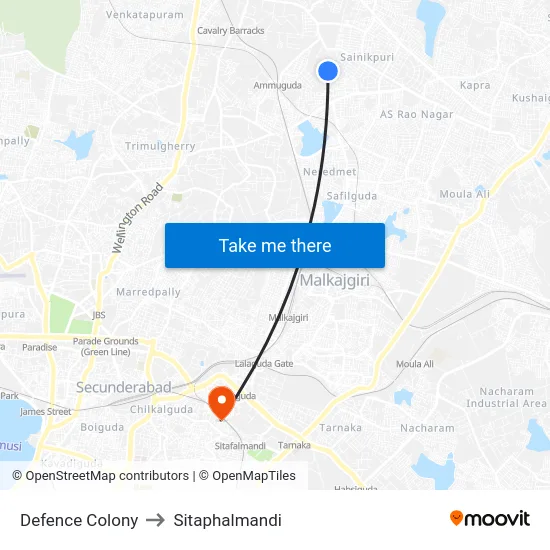 Defence Colony to Sitaphalmandi map