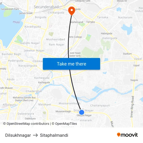 Dilsukhnagar to Sitaphalmandi map