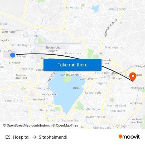 ESI Hospital to Sitaphalmandi map