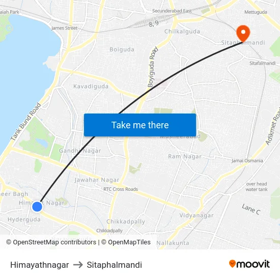 Himayathnagar to Sitaphalmandi map