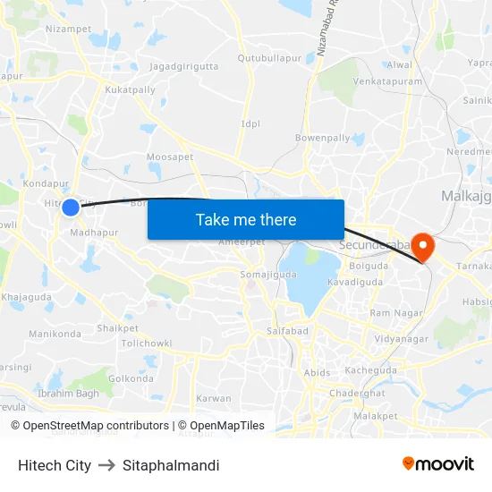 Hitech City to Sitaphalmandi map