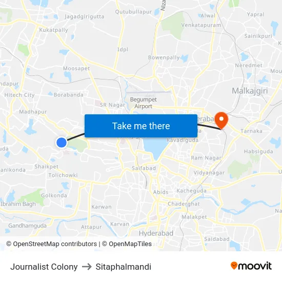 Journalist Colony to Sitaphalmandi map