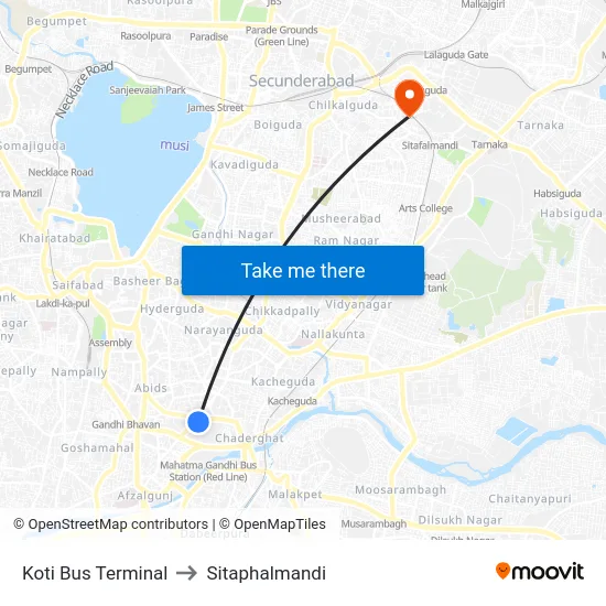 Koti Bus Terminal to Sitaphalmandi map