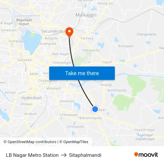 LB Nagar Metro Station to Sitaphalmandi map
