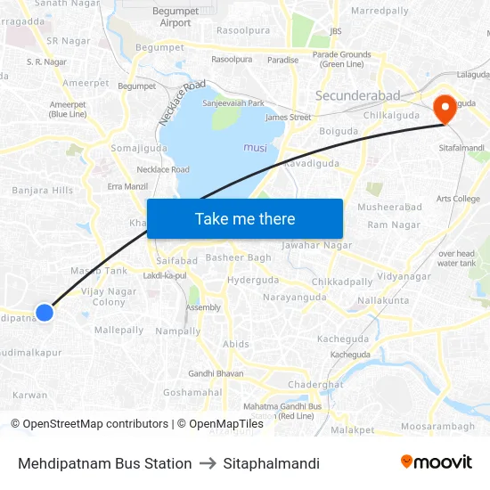 Mehdipatnam Bus Station to Sitaphalmandi map
