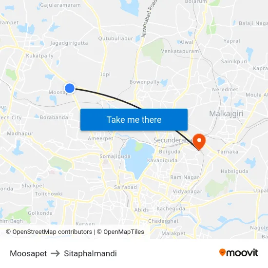 Moosapet to Sitaphalmandi map