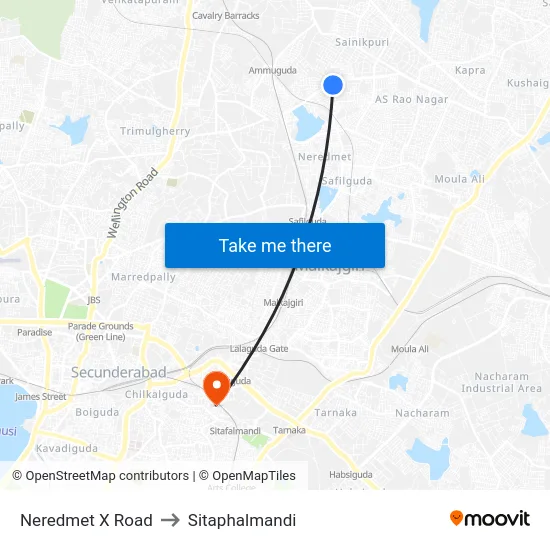 Neredmet X Road to Sitaphalmandi map