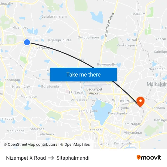 Nizampet X Road to Sitaphalmandi map