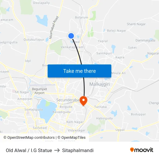 Old Alwal / I.G Statue to Sitaphalmandi map