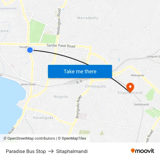Paradise Bus Stop to Sitaphalmandi map