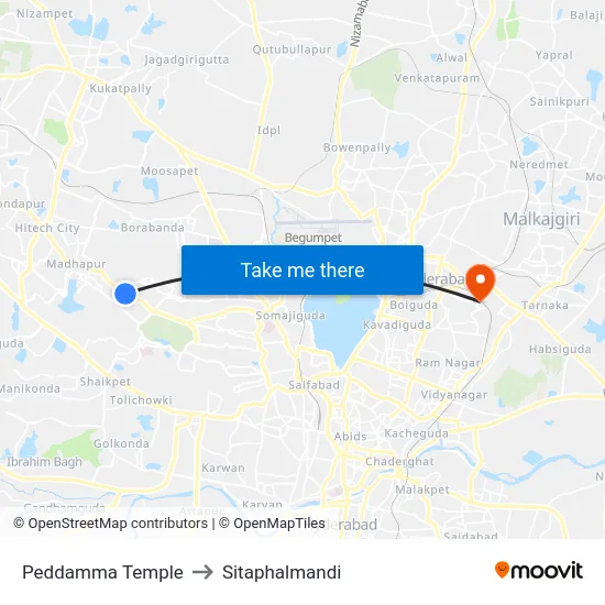Peddamma Temple to Sitaphalmandi map