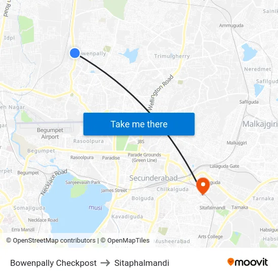 Bowenpally Checkpost to Sitaphalmandi map