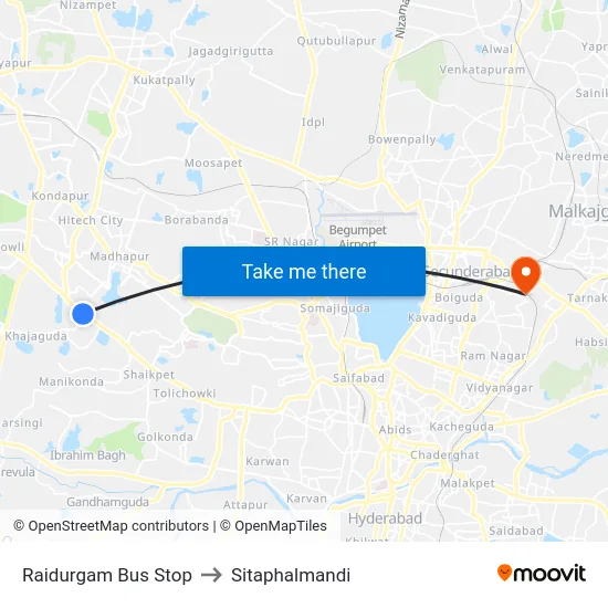 Raidurgam Bus Stop to Sitaphalmandi map