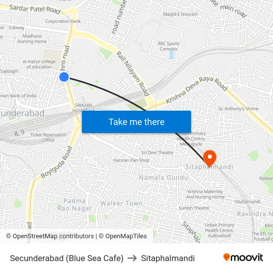 Secunderabad (Blue Sea Cafe) to Sitaphalmandi map
