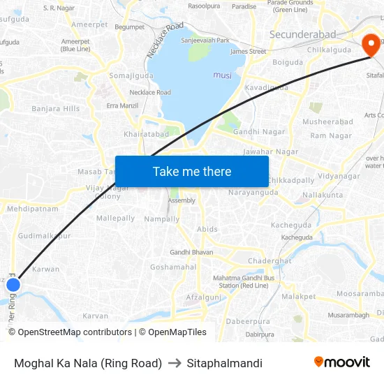 Moghal Ka Nala (Ring Road) to Sitaphalmandi map