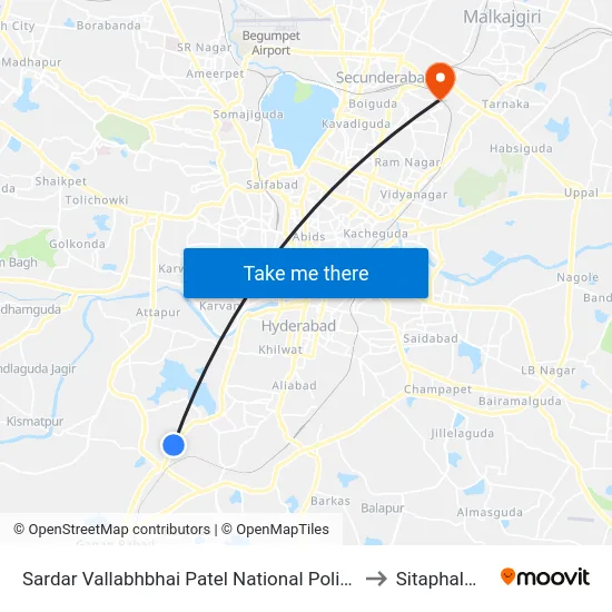 Sardar Vallabhbhai Patel National Police Academy to Sitaphalmandi map