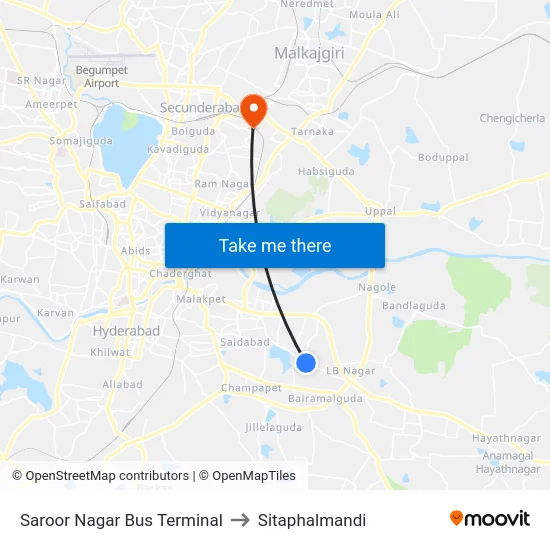 Saroor Nagar Bus Terminal to Sitaphalmandi map