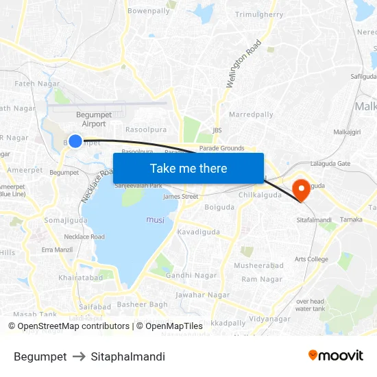 Begumpet to Sitaphalmandi map
