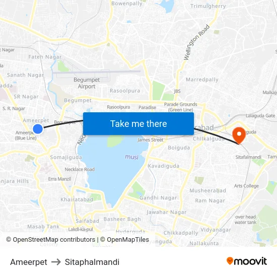 Ameerpet to Sitaphalmandi map