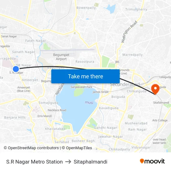 S.R Nagar Metro Station to Sitaphalmandi map