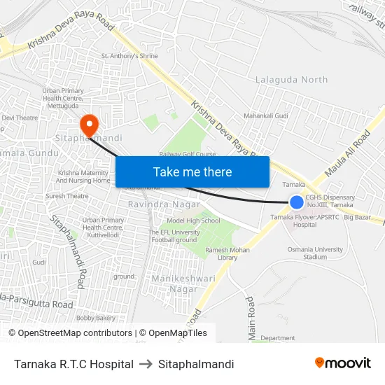 Tarnaka R.T.C Hospital to Sitaphalmandi map