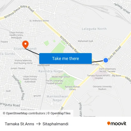 Tarnaka St.Anns to Sitaphalmandi map