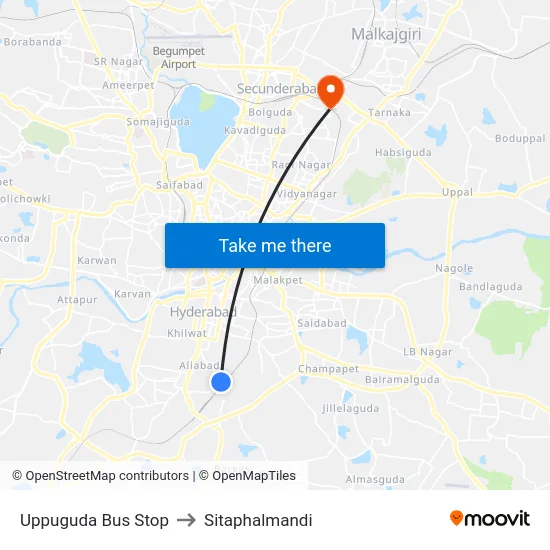 Uppuguda Bus Stop to Sitaphalmandi map