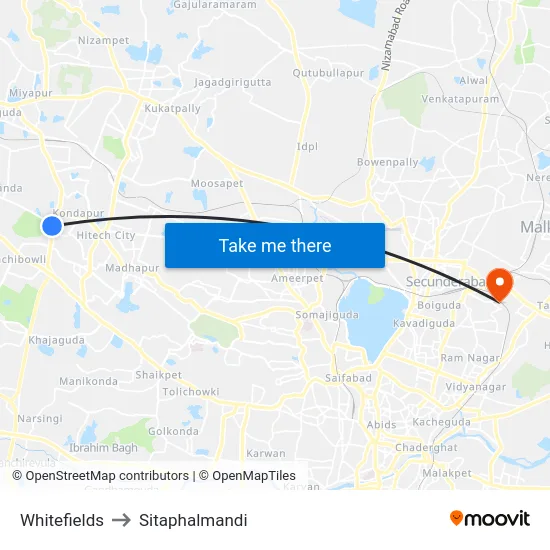 Whitefields to Sitaphalmandi map