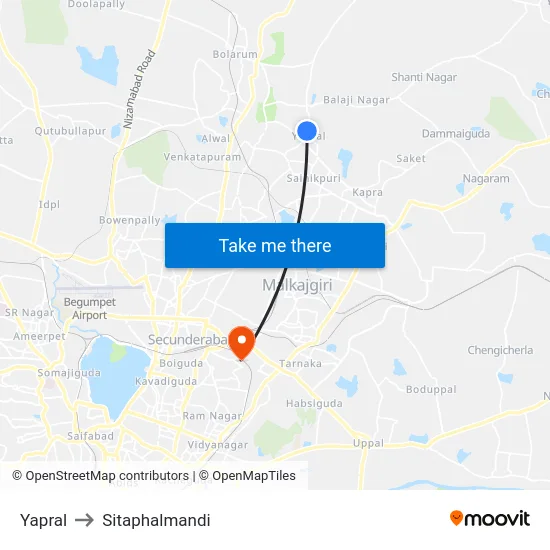 Yapral to Sitaphalmandi map