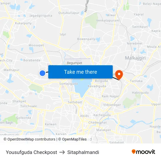 Yousufguda Checkpost to Sitaphalmandi map