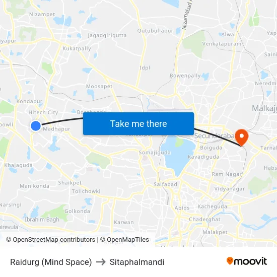 Raidurg (Mind Space) to Sitaphalmandi map