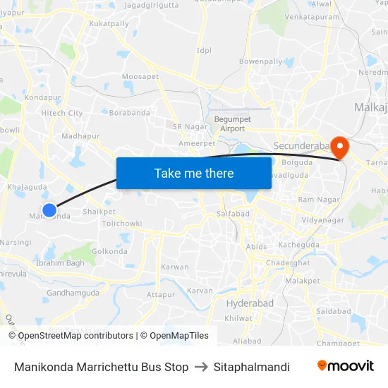 Manikonda Marrichettu Bus Stop to Sitaphalmandi map